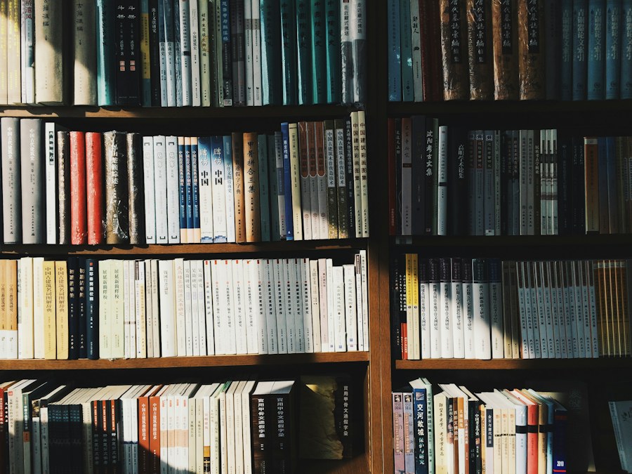 Books on library shelves