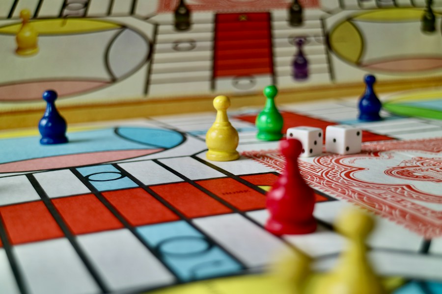 Board game pieces and dice